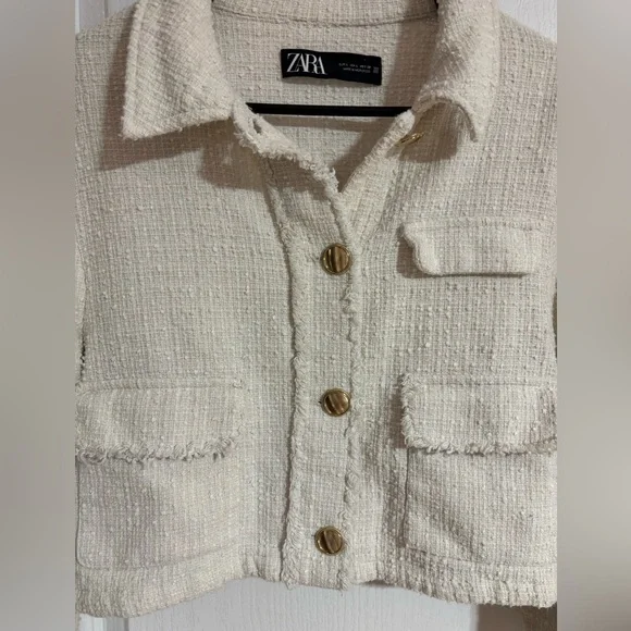 Zara Tweed Textured Gold Buttons Pockets Spring Cream Blazer Jacket Size Large - Picture 4 of 11